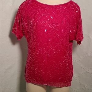 Scala beaded Fuchsia pink top, silk, small.